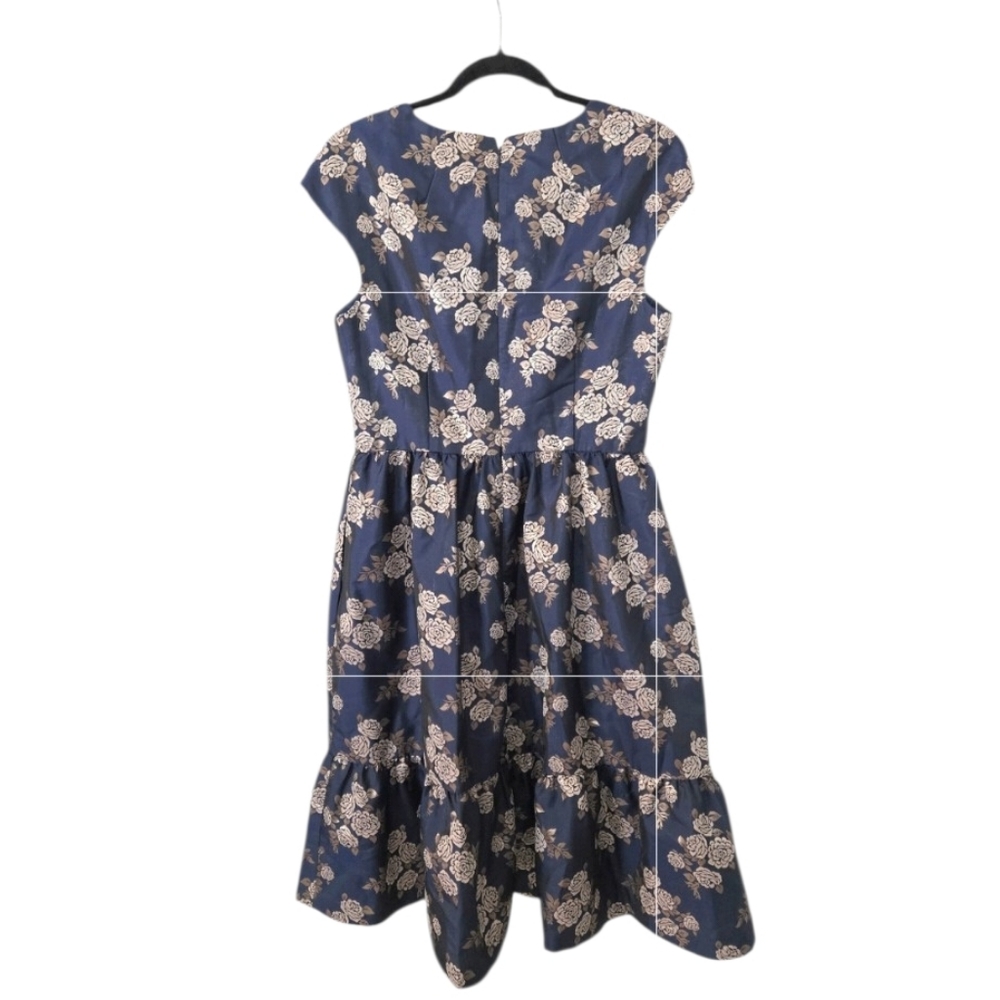 Gal Meets Glam Jenny Wallpaper Navy Blue Rose Floral Ruffle Knee Length Dress - Picture 4 of 12